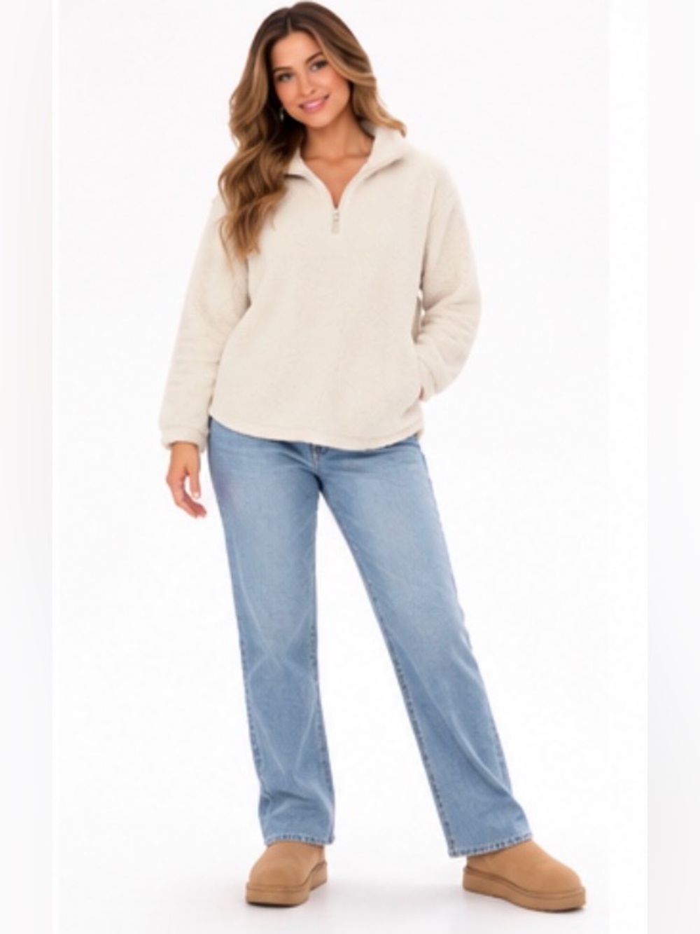 Koolaburra by UGG Brushed Back Sherpa Quarter-Zip Pullover Cream/Ivory Sz Small